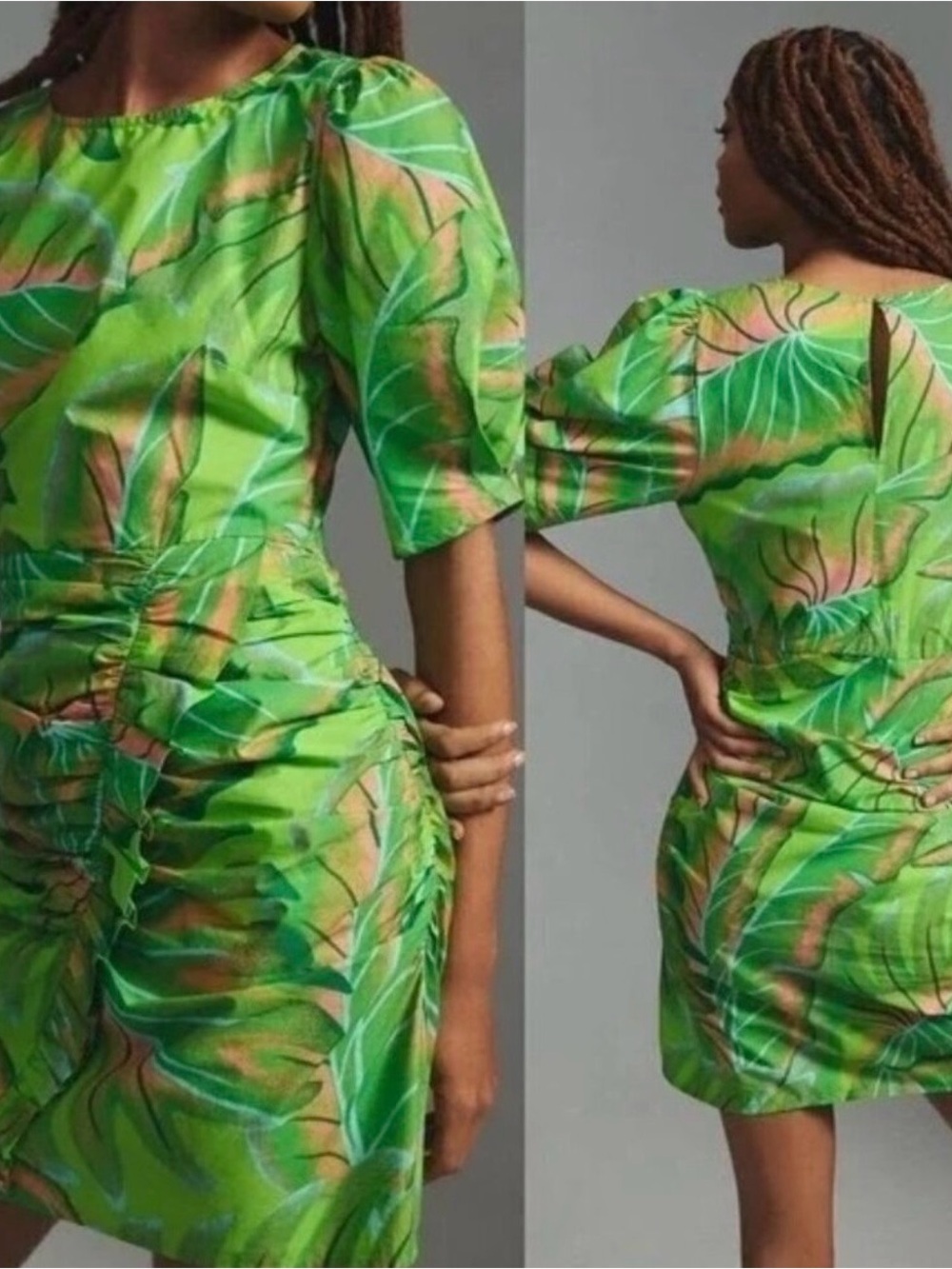 FARM Rio Anthropologie Green Tropical Ruched Mini Dress XS Petite